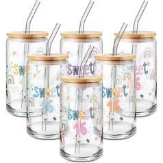 Lallisa 6 Pack Cute 16 Gifts for Girls Drinking Glasses with Lid and Straw 16th Birthday Decorations Transparent Cute 16 Coffee Cups for Daughter, Granddaughter, Niece, Students