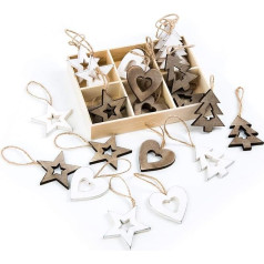 Logbuch-Verlag 24 Christmas Wooden Pendants 5 cm Tree Decoration Wooden Pendant Natural White Heart Stars Tree Pendant