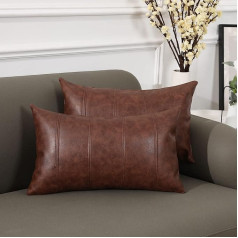 Yaertun Set of 2 Faux Leather Cushion Covers, 30 x 50 cm, Striped Sofa Cushion, Decorative Cushion Cover, Leather Look, Leather Cover, Couch Cushion for Sofa, Bedroom, Cushion Covers, Dark Brown