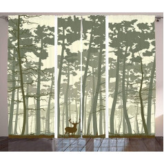 ABAKUHAUS Forest Rustic Curtain, Pine Deer Motif, Living Room Universal Tape Curtains with Loops and Hooks, 280 x 225 cm, Sage Green Brown