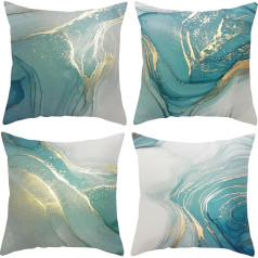 LUVDECO Cushion Cover 45 x 45 cm, Set of 4 Marble Texture, Turquoise and Gold Cushion Covers, Decorative Cushion, Couch Cushion, Home Decorations for Bed, Sofa