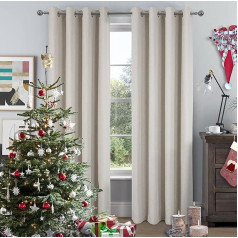 always4u Opaque Chenille Blackout Curtains with Eyelets Modern for Living Room Bedroom Elegant Panel Curtains Cold Protection 260 x 140 cm, Beige, Set of 2