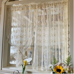 Yaland Country House Style Net Curtains with Embroidery Flowers Pattern Transparent Curtains with Curved Closure Short Curtain 1 Piece Beige H x W 200 x 130 cm
