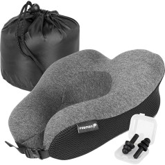 Fosmon travel neck pillow, soft and comfortable, memory foam neck, head & chin rest, machine-washable, 100% cotton cover for plane and car