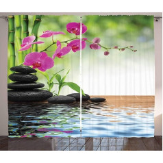 ABAKUHAUS Spa Rustic Curtain, Bamboo Tree Orchid Stones, Bedroom Ruffle Tape Curtain with Loops and Hooks, 280 x 175 cm, Lime Green