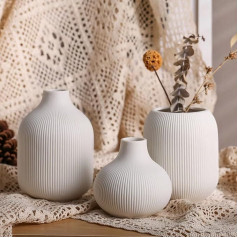 Modern Minimalist White Ceramic Decorative Vases, Set of 3, Neutral Small Ribbed Vases for Table, Shelf, Bookcase and Entryway