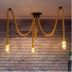 ANWIO Ceiling Light with Hemp Rope Chandelier, Vintage Industrial Spider Ceiling Light E27, Hanging Lamp Hemp Rope Pendant Lamp 3 Bulbs for Living Room, Restaurant Hall, Bar, Cafe, Without Bulb