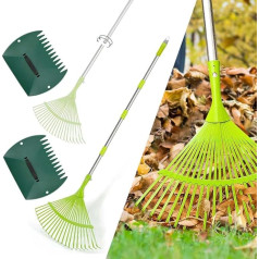 Hortem Rake Set, 3-Piece Garden Leaf Rake Includes Telescopic Handle Leaf Rake 78-173 cm, Leaf Grabber and Garden Glove, Fan Rake Green