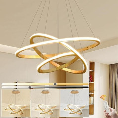 WayLuoung Wooden LED Chandelier, Ceiling Light, Dimmable 3 Ring Wooden Light, Adjustable Circle Pendant Light, Kitchen Island, Dining Room, Living Room, Foyer for Hanging, 40 + 60 + 80 cm