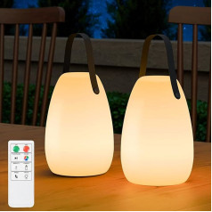 RWWR Pack of 2 LED Outdoor Table Lamp, Small Wireless Table Lamp, 8 Colours, Battery Table Lamp, Dimmable with Remote Control, IP44 for Camping, Garden, Balcony, Patio (Medium Black Carry Handle)