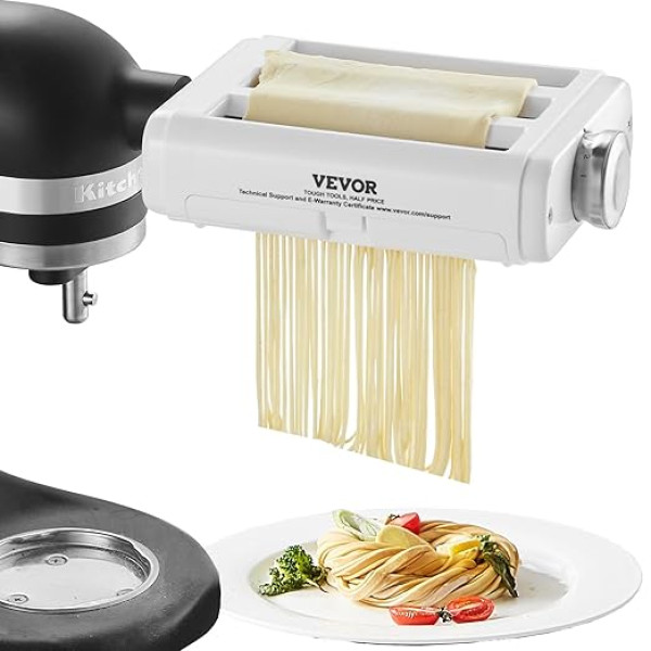 VEVOR Pasta Attachment for KitchenAid Stand Mixer, 3-in-1 Stainless Steel Pasta Roller Cutter Set Including Pasta Sheet Roller, Spaghetti and Fettuccine Cutter, 8 Adjustable Thickness Button Pasta