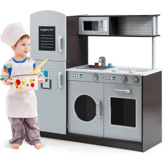 FANTASK Children's Wooden Play Kitchen with Sink and Tap, Cooker with Click Sounds, Oven & Microwave, Toy Kitchen with Board for Children from 3 Years