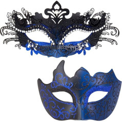 MYSEUNI Couple Mask Masks - Shiny Rhinestone Metal Filigree Venetian Mask and Venetian Men Mask for Carnival