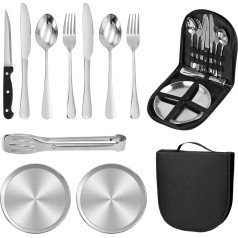 Camping Cutlery Set for 2 People, Picnic Plate and Utensil Set, 10 Pieces Portable Tableware, Stainless Steel Cutlery Combination with Organiser Bag, with Spoon, Fork, Knife, Plate Clip, Black