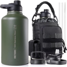 OneTigris Edelstahl Trinkflasche, Wasserflasche 1,9L Hohe Kapazität, Sportflasche mit gute Isolationswirkung für Fahrrad, Camping, Yoga, Gym, Softair, OD Grün, 64OZ