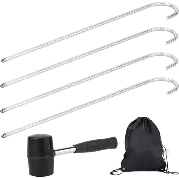 Ground anchors, set of 4, 42 cm, ground anchors, ground hooks, tent pegs for secure attachment, silver galvanised, plus rubber hammer and bag