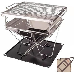 Foldable Camping Wood Stove, Portable BBQ with Storage Bag, 3 Levels of Height Adjustment, Stainless Steel Shelf for Camping Grilling and Outdoor Activities (45 x 45 x 43 cm)