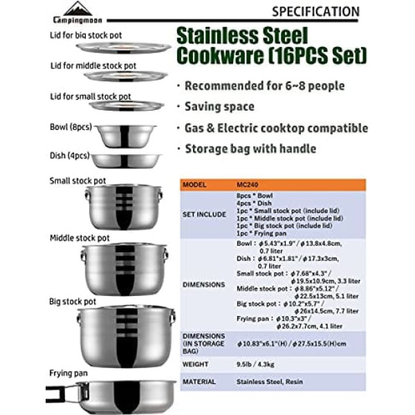 Campingmoon Stainless Steel Cookware Set Outdoor Camping Cooking Pots Pans with Storage Bag