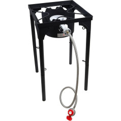 GasOne Propan-Einzelbrenner-Campingkocher mit Hochtemperatur-Lackierung und rotem QCC-Stahl-Geflechtregler mit höhenverstellbarem Bein