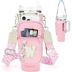 LOKASS Initial Water Bottle Carry Case with Mobile Phone Pocket and Strap for Stanley 1.2L Pink - W