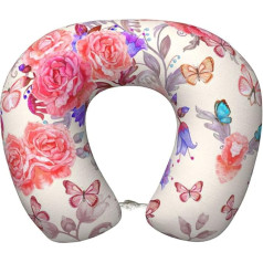 Zhuanyun Reisekissen mit Blumen-Rosen- und Schmetterlingsdruck, klassisch, bequem, Memory-Schaum, Reisekissen, Kopfstütze, weiches Kissen
