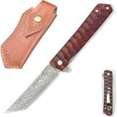 BFYLIN Damask Pocket Knife Folding Knife with Belt Clip, Sharp One-Handed Knife with Damascus Steel Blade, Survival Fair, Wooden Handle Flipper Beautiful Leather Sheath Knife Sheath - Damascus Knife
