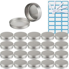 ZEOABSY Pack of 100 Empty Round Silver Aluminium Tins with Screw Lid Screw Box Cream Jar Aluminium Jar Tins for Cosmetics Candle Ointments 10 x Spatulas 4 x Labels, silver