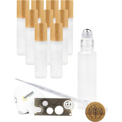 Roll On Bottle Empty for Essential Oils, 10 Refillable Matte Glass Bottles with Stainless Steel Roller and Bamboo Lid 10ml - Set