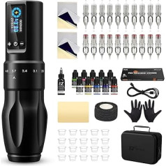 EZ Tattoo Machine Set - Tattoo Set with 7 Strokes 2.0-4.0 mm Wireless Tattoo Machine, 1600 mAh Power Supply Battery, 20 Pieces Tattoo Needles and 11 Colours Inks for Tattoo Beginners and Artists