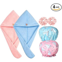 RosyReeds Microfiber Hair Towel and Shower Cap Set - Super Absorbent Quick Dry Hair Wraps + Double Layer Waterproof Reusable Shower Cap for Women, Includes Stylish