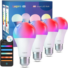 Lepro AI Smart Light Bulb B2, E27 Light Bulb 10W 1100lm Dimmable, AI Light Design Assistant, Voice Control/Music Sync, WiFi & Bluetooth Smart Bulb, Compatible with Alexa/Google Assistant, Pack of 4