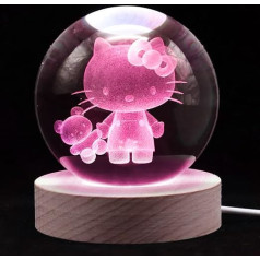 3.15 Inch Cat 3D Crystal Ball Lamp with Wooden Base, 16 Colours Dimmable LED Crystal Ball Lamp with Remote Control, Figures Night Light Decoration, Birthday Gift for Boys and Girls