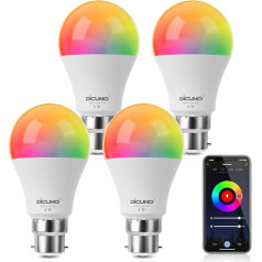 DiCUNO Alexa Light Bulb B22, Smart Lamp 9W, WiFi Bulb Warm White, Cool White, RGBCW Colour Changing Controllable via App, Compatible with Alexa/Echo, Google Home, No Hub Required, Set of 4