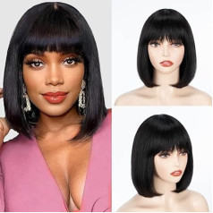 FASHION IDOL Bob Human Hair Wig with Fringe for Black Women Short Straight Hair 30 cm Natural Black Glue-Free Machine Made Short Bob Wigs