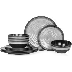 Moritz Camping Tableware Made of Melamine for 4 People, 12 Pieces, Dishwasher Safe, Picnic Crockery Set, Crockery Camping Tableware, Stone Grey Design
