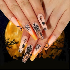 Coffin False Nails Halloween Decorations Pumpkin Press on Nails Spider Stick on Nails Ballerina Acrylic Long Fake Nails 24Pcs for Women and Girls，, with solid glue, nail lamp