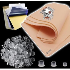 Unihuby Tattoo Ink Caps and Tattoo Practice Skin with Transfer Paper, 5 Pieces Tattoo Imitation Skin with 15 Tattoo Transparent Paper and 300 Tattoo Ink Cups (Small, Medium, Large)