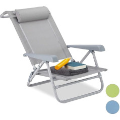 Relaxdays Folding Deck Chair, Neck Pillow, Bottle Opener, 8 Levels Adjustable, up to 120 kg, Plastic, Steel, Grey