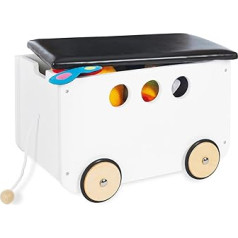 Pinolino Jim Toy Box Wooden and Faux Leather with Pull Cord and Rubberised Wooden Wheels, Removable Lid, from 3 Years, White Varnished / Faux Leather Black