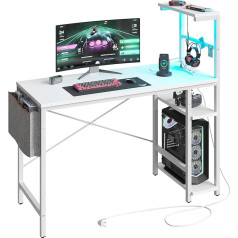 Bestier 113 cm Corner Computer Desk with Sockets, Computer Desk with LED Lights, Reversible Desk with Side Pocket, Storage Bag & Accessory Hanger for Home Office, Small Space, White