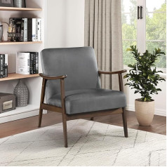 Lexicon Mid-Century Modern Velvet Living Room Chair, Dark Grey, Solid Wood Armrests and Legs, Padded Seat and Backrest, Reading and Relaxing Chair