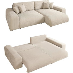 Luma-Home Schönes Für Dein Zuhause Modern corduroy corner sofa 255 x 165 cm with sleep function and bed box, wave suspension, L-couch can be mounted on the left or right, lying surface 148 x 196 cm, cord cover in beige / 21001