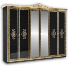 Stella Trading Eliza Royal Wardrobe with Mirror Doors and Lots of Storage Space - Versatile Sliding Door Wardrobe in Baroque Design Black Gold - 282 x 232 x 60 cm (W x H x D)