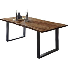 SAM ULM Dining Room Table 160 x 85 cm Wane Table Walnut Coloured Acacia Wood Solid Metal U-Frame Black
