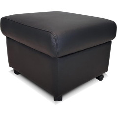Quattro Meble Black Genuine Leather Stool on Wheels Hinged with Storage Space Stool Cowhide Seat Cube 60 x 55 cm Footstool Upholstered Stool Real Leather Puff