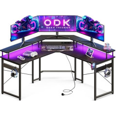 ODK Gaming Desk with LED, Gaming Table with 2 Sockets and 2 USB Charging Ports, Corner Desk with Generous Monitor Shelf, Black