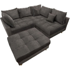Riess Ambiente riess-ambiente.de Modern Living Landscape Kent 220 cm Grey Velvet Corner Sofa Spring Core Including Stool and Cushion, Corner Sofa with Sleep Function, Sofa in L Shape