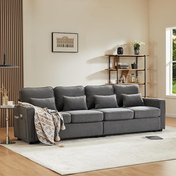 Merax Sofa 4 Seater Couch Made of Linen Fabric, Big Sofa with Comfortable Padding, for Living Room, Bedroom, Guest Room, with Armrest Pockets and 4 Cushions, Dark Grey