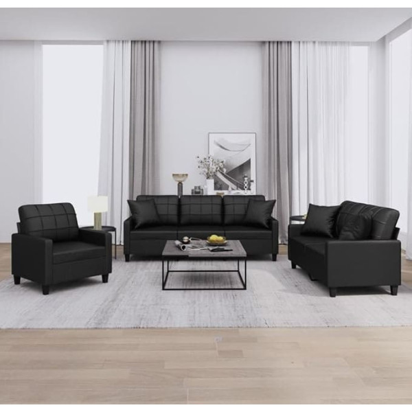 Festnight 3-2-1 Sofa Set, Lounge Sofa, 3-Seater Sofa + 2-Seater Sofa + Armchair, Faux Leather, Sofas & Couches, Sofas for Living Room, Bedroom, Office, Home, Black
