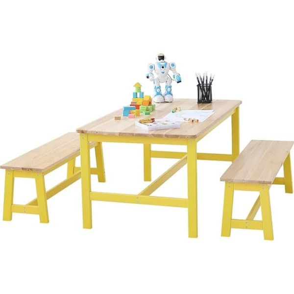 Vevor Children's Seating Set, Children's Table, 2 Benches, 1 Table, Children's Seating Set Made of Solid Wood, Children's Table Set, Sturdy Children's Furniture, Seating Furniture for Children, Girls,